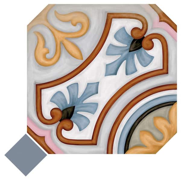 Merola Tile Vaudeville Octagon Deco Diglas with Taco Azzuro 8 in. x 8 in. Porcelain Floor and Wall Take Home Tile Sample