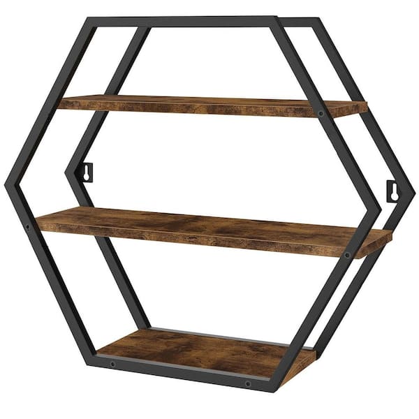 16.9 in. W x 4.92 in. D Brown Geometric Hexagon Shelf 3-Tier Decorative Wall Shelf