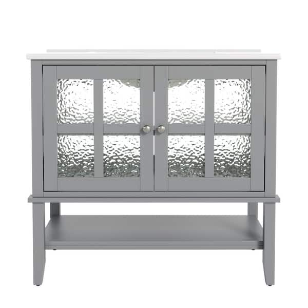 36 in. Gray Wood Rectangle Vessel Sink Bathroom Vanity Combo with Adjustable Shelf and Open Shelf