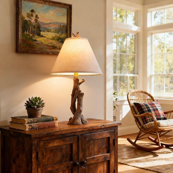 SUNMORY 23.6 in. Rustic Wood Resin Antler Beside Lamp, Rustic