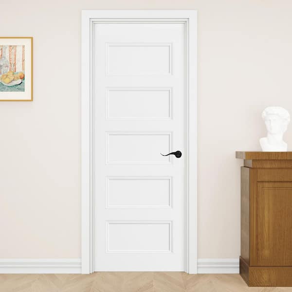 28 in. x 80 in. 5-Panel Left-Handed Painted Solid Core Wood Single Prehung Interior Door with Split Jamb and Lever