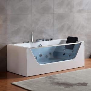 67 in. Acrylic Center Drain Rectangular Alcove Whirlpool Lighted Bathtub in White with Water Jets - Tub Filler