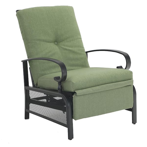 Phi Villa Adjustable Black Metal Outdoor Recliner with Green Cushions