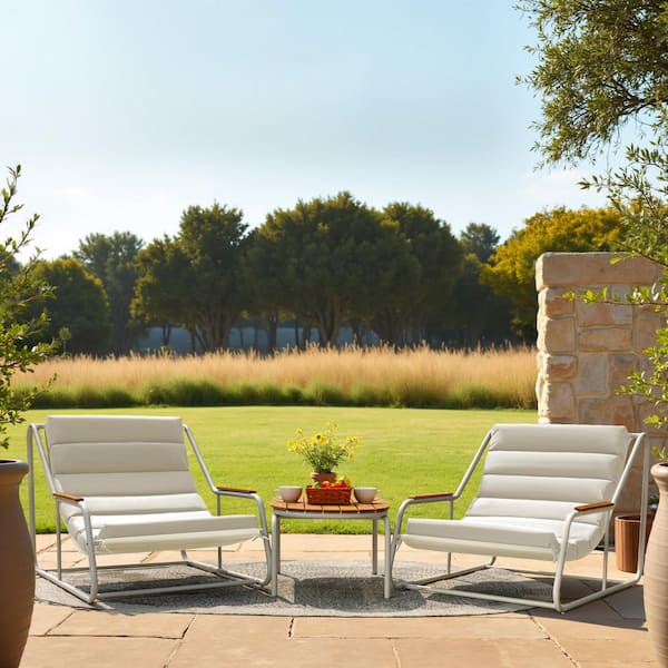 3-Pieces Metal Patio Conversation Set with Wooden Desktop and Cushions, White