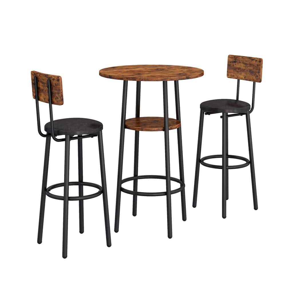 3-Piece Antique Espresso Double Layer Wood Round Outdoor Serving Bar Set wi