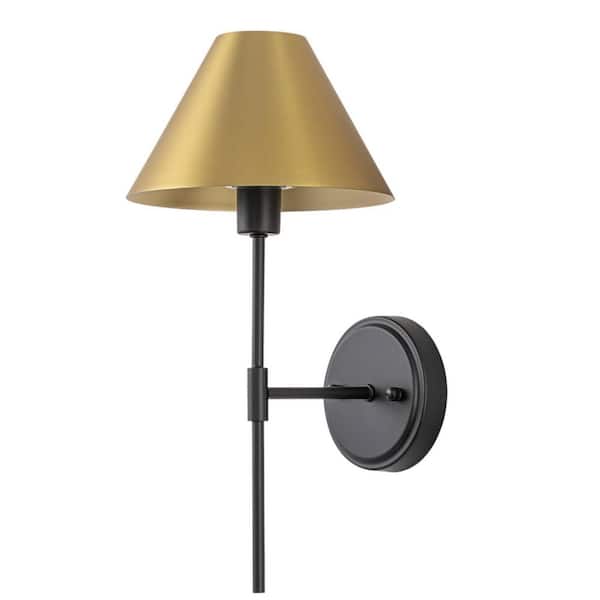 16.14 in. 1-light Black and Brushed Gold Wall Sconce with Tapered Metal Shade