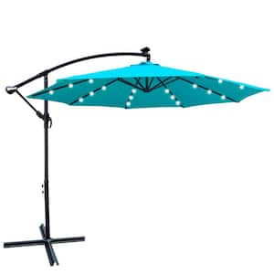 10 ft. Outdoor Patio Beach Market Solar Powered LED Lighted Umbrella in Turquoise with 8 Ribs Crank and Cross Base