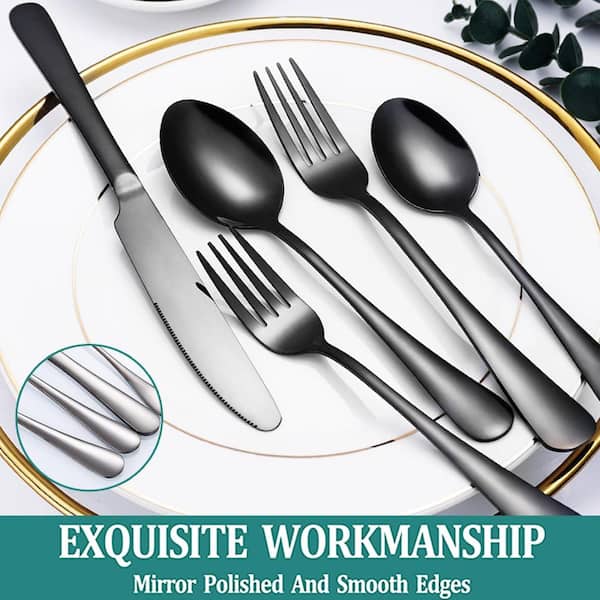 24-Piece Black Stainless Steel Flatware Set with Hanging Rack, Mirror ...