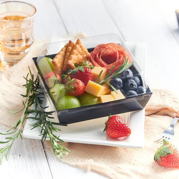5.5 in 2 fl. oz. Black Paper Boxes Serving Bowls with Clear Lids Greaseproof BPA Free Recyclable Bakery Containers