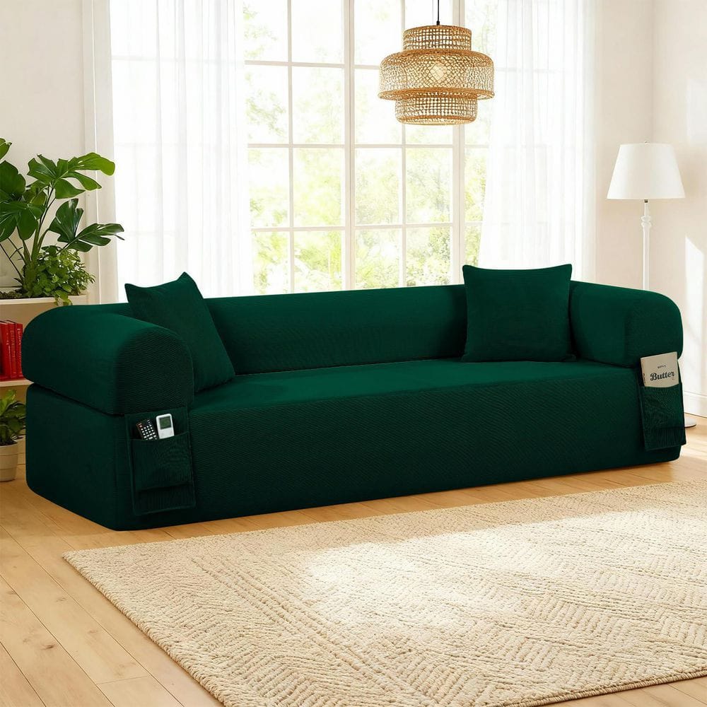 82.5 in. Green Corduroy Round Arm Rectangle Floor Sofa, Frameless Couch, Foam and Pocket Spring Support, 3 Seater price history on PriceWatchPro