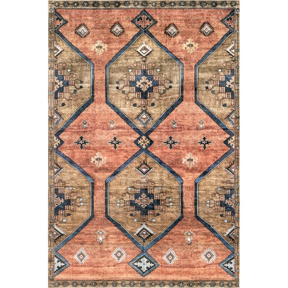Gray and Rust Medallion 8' x 10' Washable Synthetic Area Rug