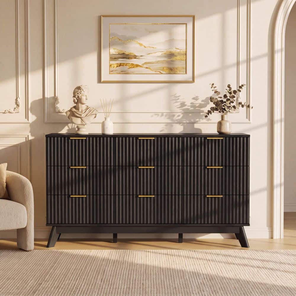 57 in. W 9-Drawer Storage Cabinet, Marble Effect Veneer Top, Fluted Drawers and Gold Pull Handles, Black