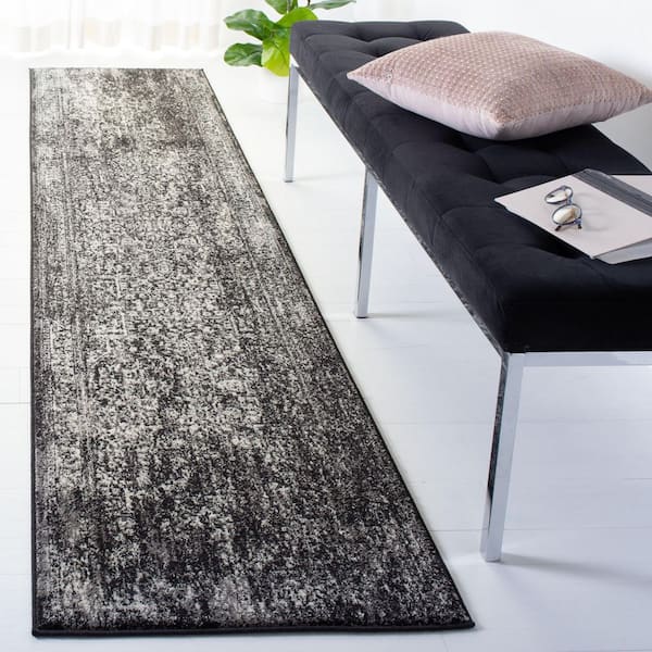 Evoke 2 ft. x 19 ft. Black/Gray Distressed Border Medallion Runner Rug