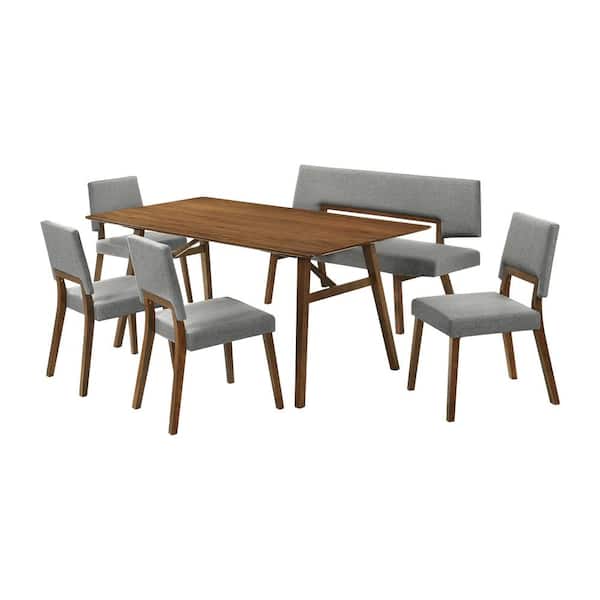 Armen Living Channell 6-Piece Rectangle Wood Top Charcoal/Walnut Dining Set with Bench