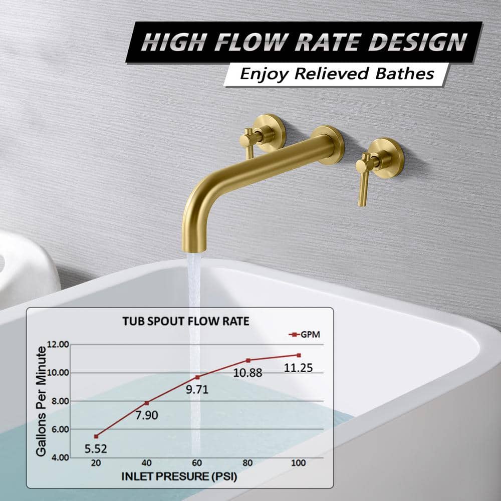 Brushed Gold Double Handle Wall Mount Tub Faucet