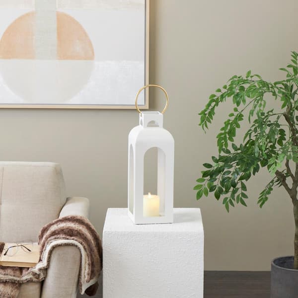 Litton Lane White Metal Tall Arched Cutout Candle Lantern with Gold Handle