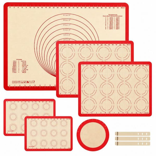 6-Piece Red Silicone Baking Mat Set, Non-Stick Reusable Pizza Bakeware Mat for Making Macaroon, Pizza, Cookie and More