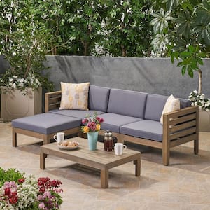 5-Piece Acacia Wood L-shape Outdoor Sectional Sofa Set with Dark Grey Cushions