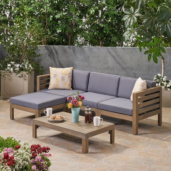 Unbranded 5-Piece Acacia Wood L-shape Outdoor Sectional Sofa Set with Dark Grey Cushions