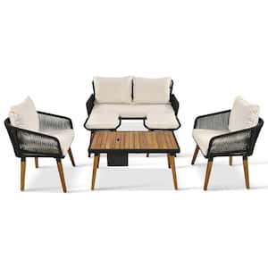 6-Piece Black Woven Rope Patio Conversation Set with 2-Stools, Acacia Wood Cool Bar Table, Beige Cushions