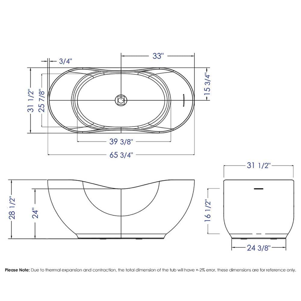 66'' White Freestanding Solid Surface Soaking Bathtub