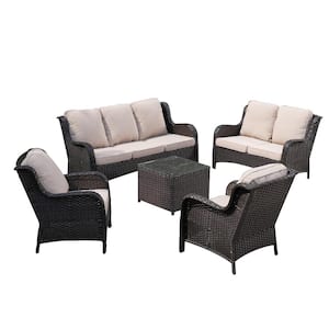 Ceres Brown 5-Piece Wicker Outdoor Patio Conversation Seating Set with Beige Cushions