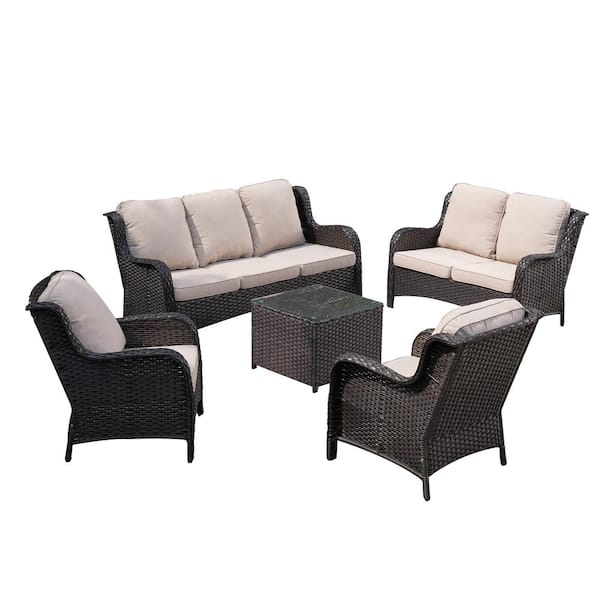 XIZZI Ceres Brown 5-Piece Wicker Outdoor Patio Conversation Seating Set with Beige Cushions