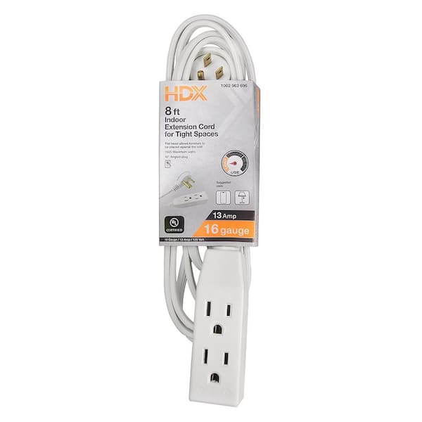 HDX 8 ft. 16/3 Light Duty Indoor Tight Space Extension Cord with Banana Tap, White