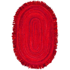Braided Red Doormat 3 ft. x 5 ft. Abstract Striped Oval Area Rug