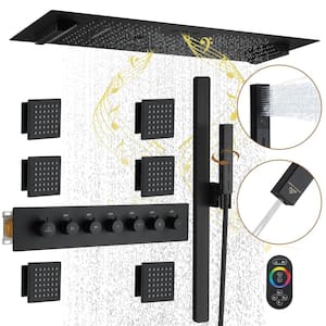 6-Spray Ceiling Mount Thermostatic Shower Systems 6-Functions with Fixed and Handheld Shower Head 2.5 GPM in Matte Black