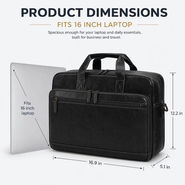 Numhew Vintage Black PU Leather Laptop Briefcase, Waterproof