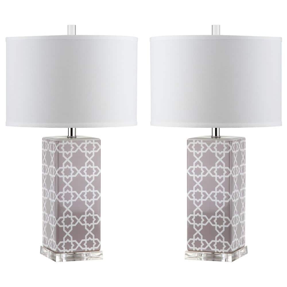 Quatrefoil Grey and White Ceramic Table Lamp Set with Cotton Shade