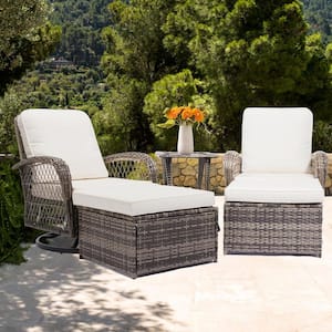 5-Piece White Patio Wicker Bistro Outdoor Conversation Set with Swivel Rocking Chairs, Side Table and 2 Ottomans