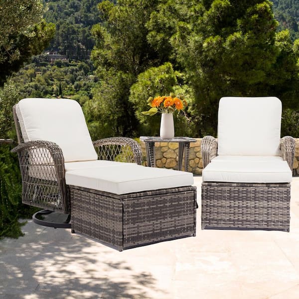 JEAREY 5-Piece White Patio Wicker Bistro Outdoor Conversation Set with Swivel Rocking Chairs, Side Table and 2 Ottomans