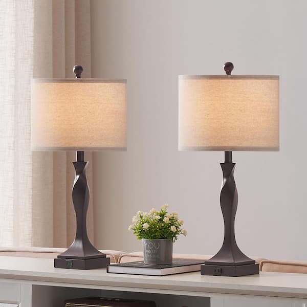 25.6 in. Bronze Table Lamp Set with USB Ports, AC Outlet and LED Bulbs (Set of 2)