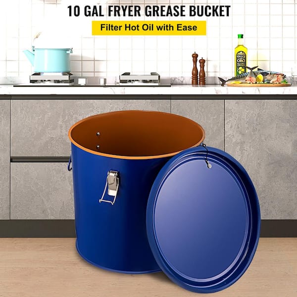 VEVOR Fryer Grease Bucket 10 gal. Thickened Steel Rust-proof Coating Fryer Oil Bucket with Filter Bag for Hot Cooking, Blue
