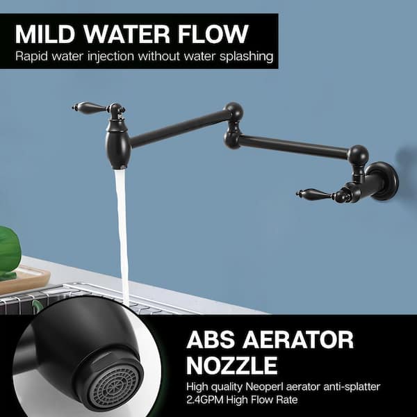 Single Hole Wall Mounted Pot Filler Kitchen Sink Faucet Folding Stretchable with 2 Handles in Black Brass