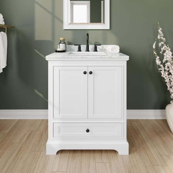Wyndham Collection Deborah 30 in. W x 22 in. D x 35 in. H Single Bath Vanity in White with White Carrara Marble Top and 24 in. Mirror