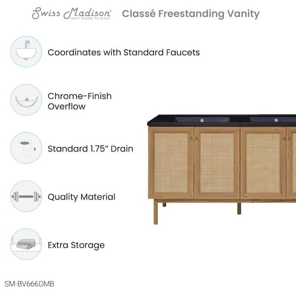 Classes 60 in. W Brown Oak, Double Basin Bathroom Vanity with Black Artificial Stone Sink Top