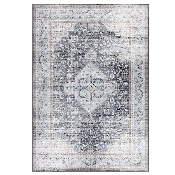 Garvee Machine Washable Carpet Retro Print Rug Anti-fouling and Anti-slip for Bedroom Living Room Office Black Gray，8*10ft