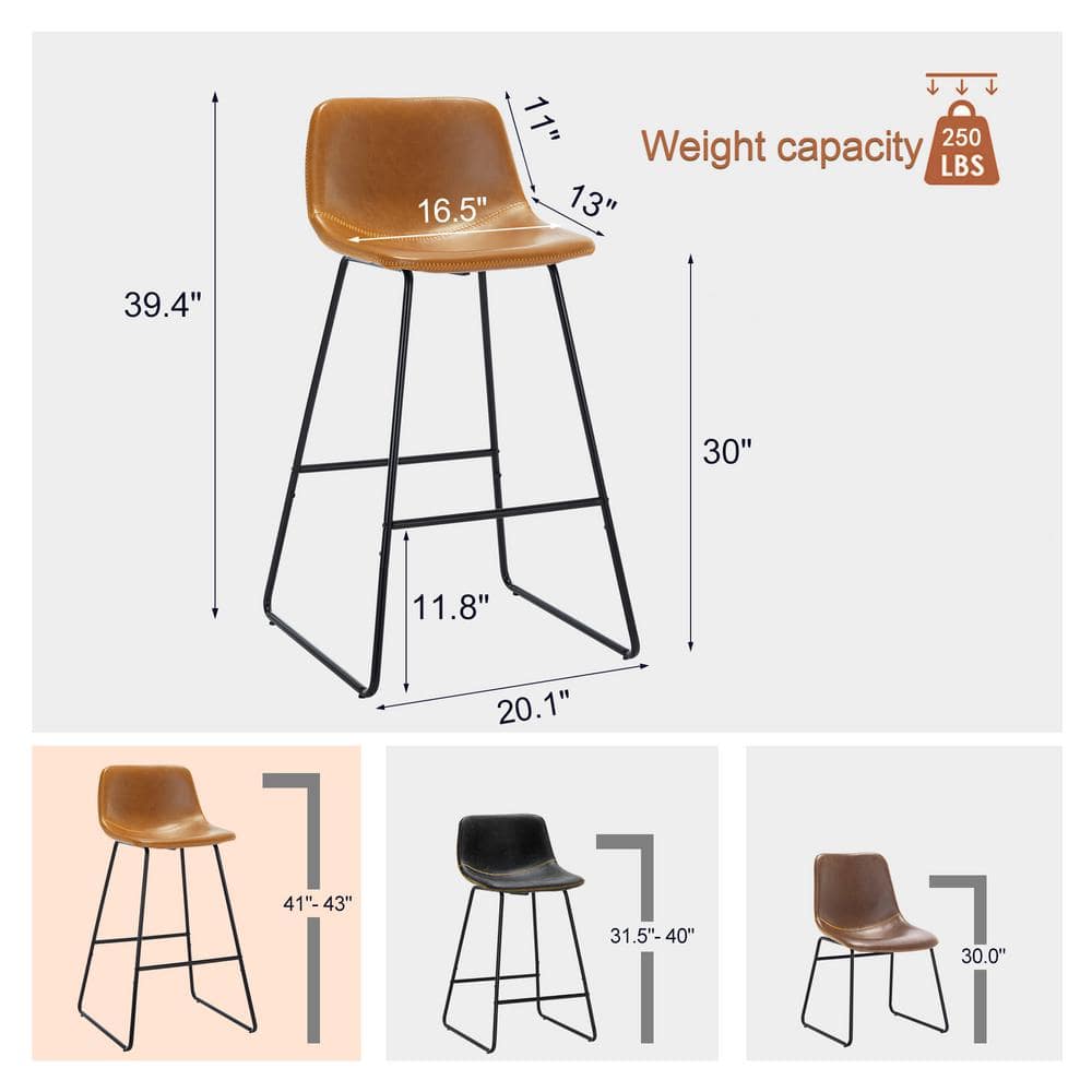 Whiskey Brown Faux Leather Mid-Century Bar Stools, Set of 2