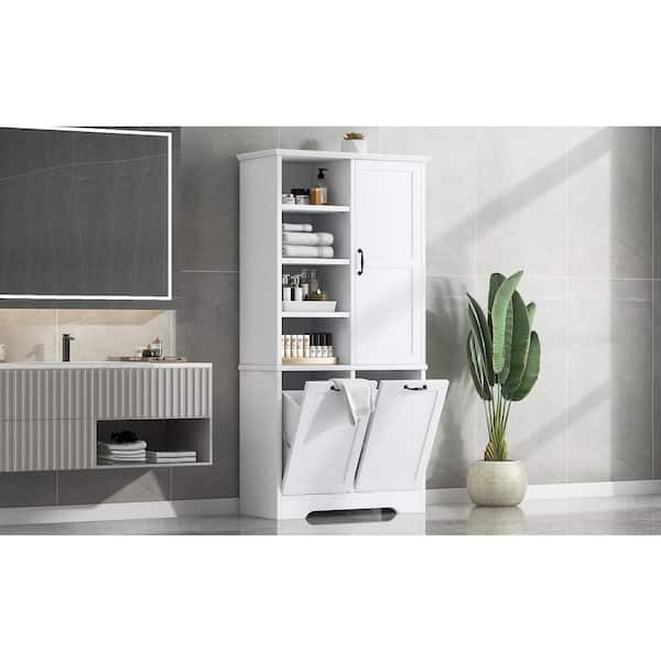 J&E Home 68 in. H White Bathroom Storage Cabinet with Doors and Tilt-Out Laundry Hamper