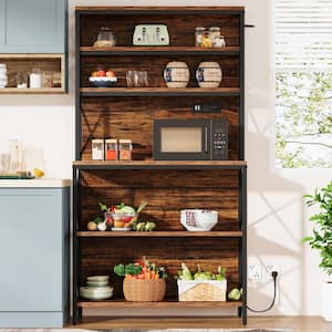 Keenyah Brown 5+ Shelf Metal 39.37 in. W Baker's Rack with Power Outlets, Microwave Oven Stand with Storage