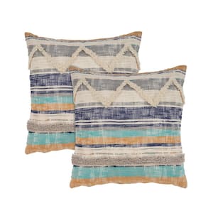 Oceanfront Blue/Multi Striped Overtufted 100% Cotton 18 in. x 18 in. Indoor Throw Pillow (Set of 2)