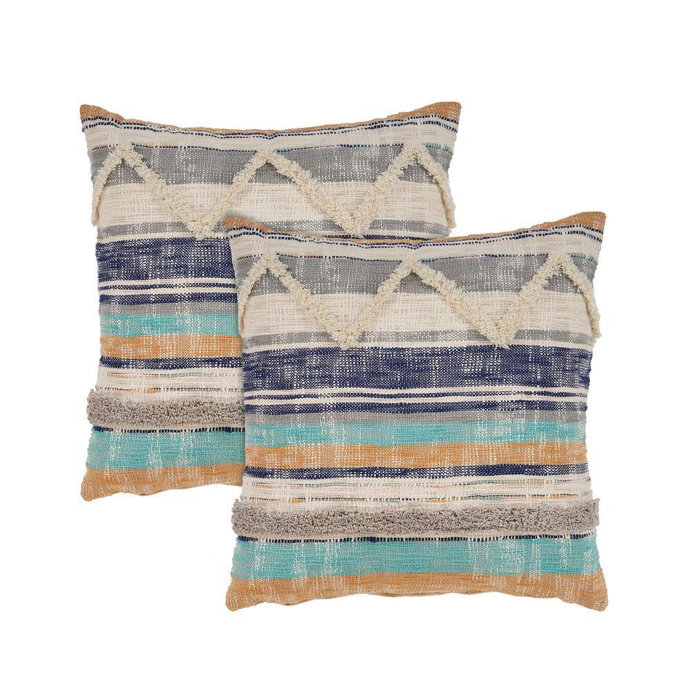 Oceanfront Blue/Multi Striped Overtufted 100% Cotton 18 in. x 18 in. Indoor