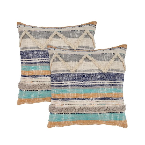 Unbranded Oceanfront Blue/Multi Striped Overtufted 100% Cotton 18 in. x 18 in. Indoor Throw Pillow (Set of 2)