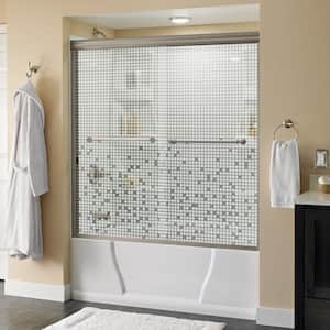 Silverton 60 in. x 58-1/8 in. Semi-Frameless Traditional Sliding Bathtub Door in Nickel with Mozaic Glass