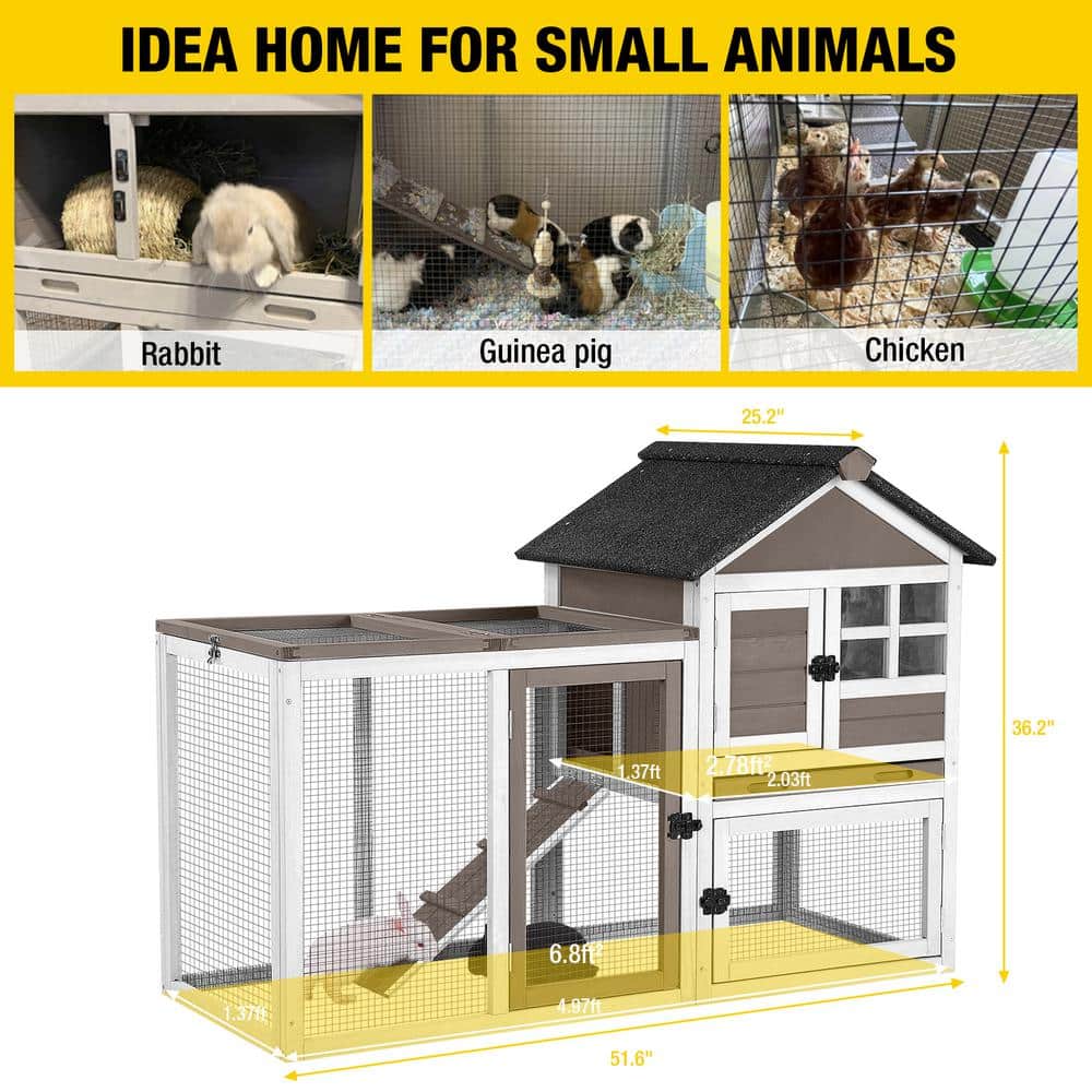51.6'' Brown and White Wooden Rabbit Hutch with Run