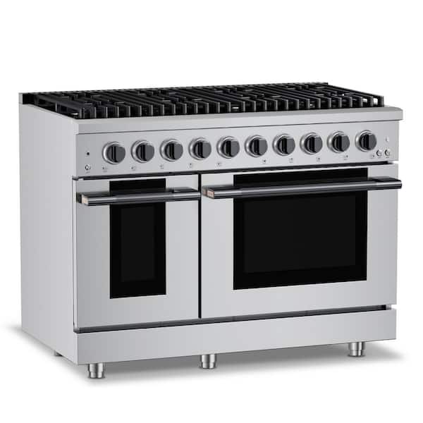 HausPro 48 in. 8 Burners (20,000 BTU) Freestanding Double Oven Dual Fuel Range in Black Stainless Steel with Convection