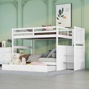 White Full Over Full Bunk Bed with Trundle, Stairway Bunk Bed Frame 4 Drawers, Detachable Wood Full Bunk bed for Kids